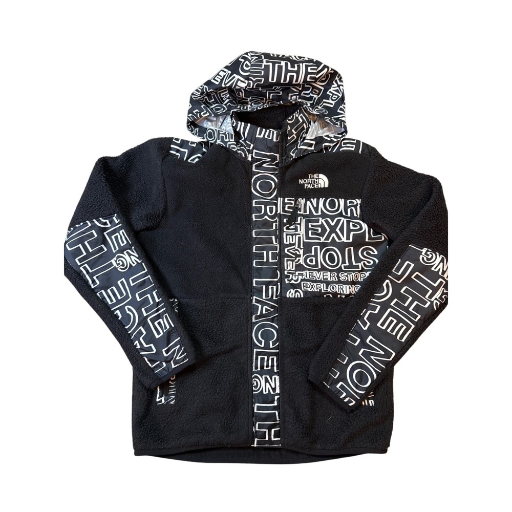 The North Face Kids Black White‎ All Over Logo Fleece Jacket Hooded Size YXL